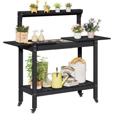 ONBRILL HDPS Outdoor Potting Bench with Sliding Tabletop/ 4 Wheels/Removable Sink, All-Weather Outside Garden Work Table, No Rust/Fade/Break, Potting Station for Porch, Patio & Backyard (Black)