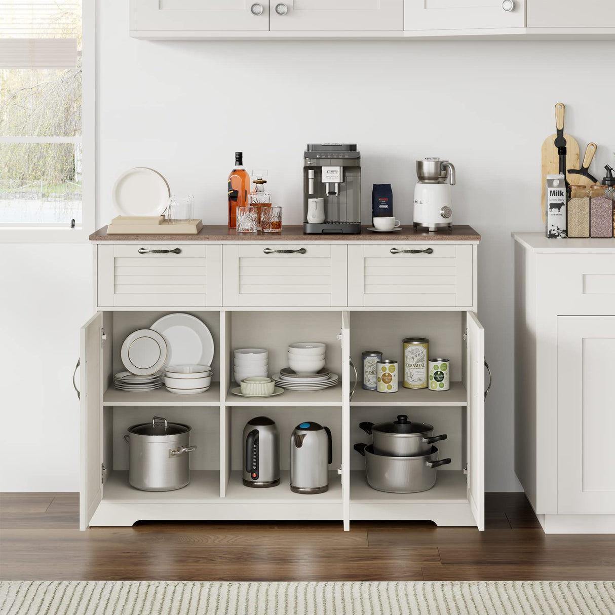 Kitchen Sideboard Buffet Cabinet with Storage, 15.7"D x 47.2"W x 35.1"H, Buffet Server Bar with 3 Shutter Doors and 3 Drawers for Wine, Coffee, Bar for Living Room, Dining Room, White Oak Keyluv