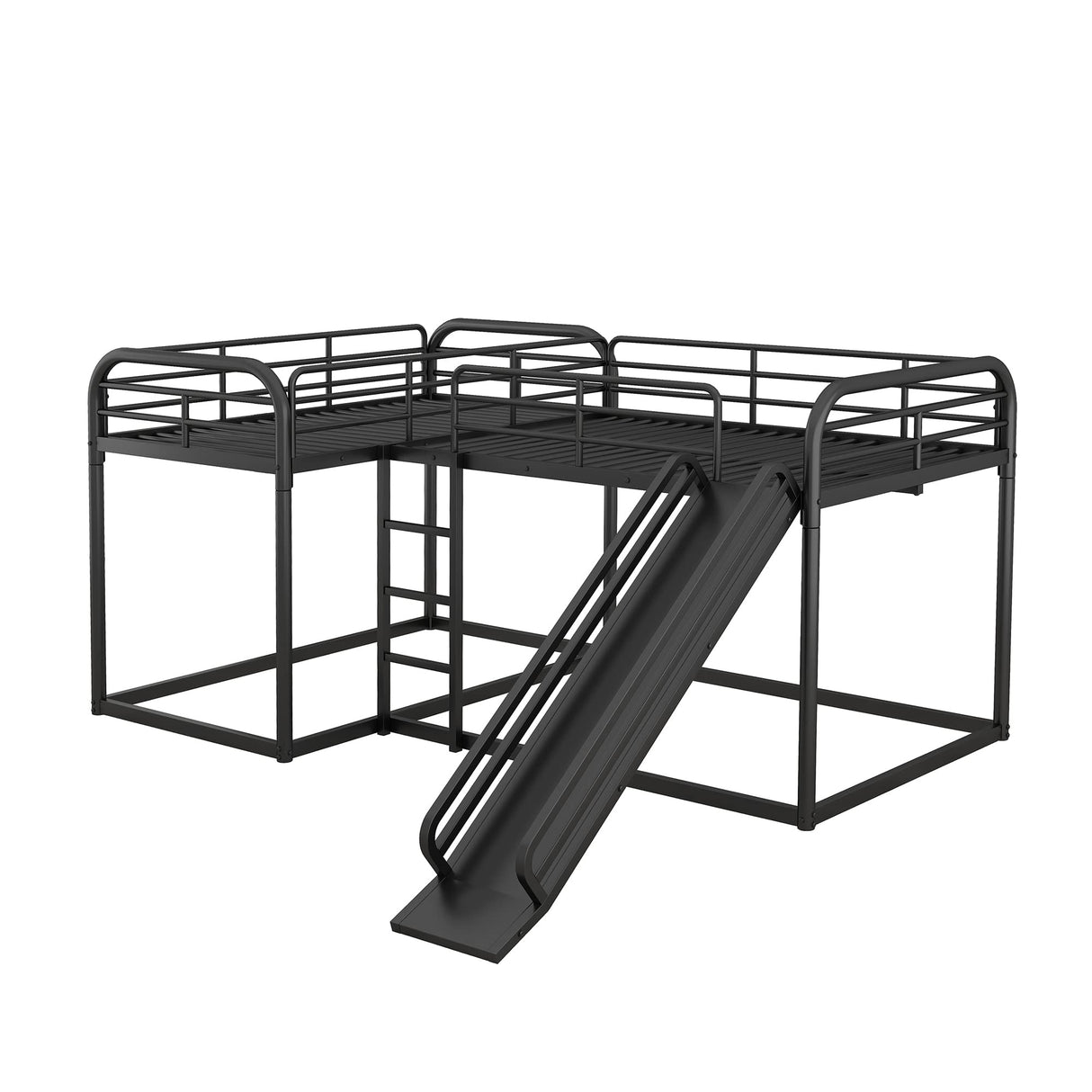 EMKK L-Shaped Bunk Bed for 4 with Slide, Floor Wooden Quad Bedframe, Full and Twin Size Bunk Bed for Kids/Teens/Adults Bedroom,Metal Quad Bunk Beds, Metal Loft Bed EMKK