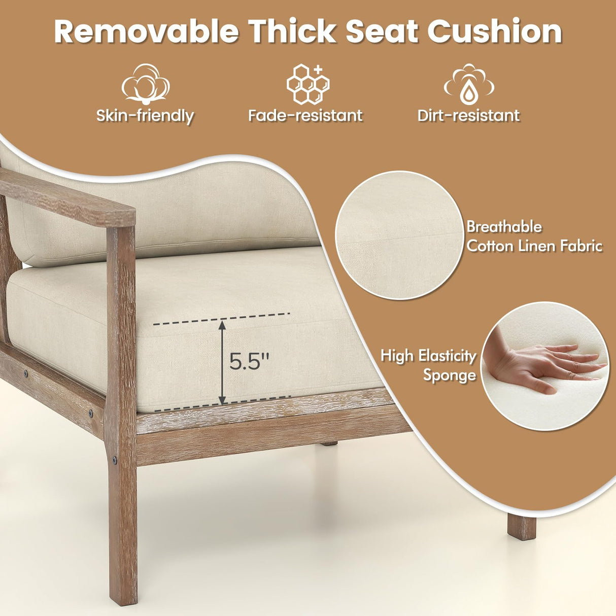 GOFLAME Mid-Century Modern Accent Chair, Upholstered Armchair with Solid Wood Frame, Linen Fabric Comfy Reading Chair, Farmhouse Leisure Chair for Living Room, Bedroom, Sunroom, Hosting Room GOFLAME