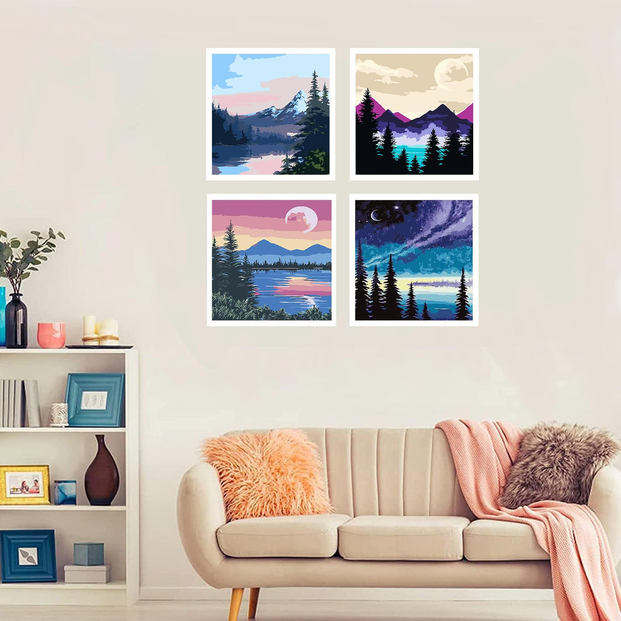 Paint by Numbers Kits, Paint by Number for Adults Canvas with Frame, Easy DIY Acrylic Paint by Numbers, 4 Pack Moon Mountain Lake Landscape Oil Painting for Kids & Adults Beginners (8x8 Inch) WoodArtSupply