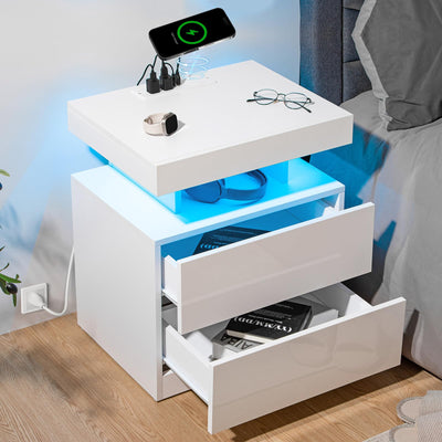 HOMMPA LED Nightstand with Wireless Charging Station & USB Ports High Gloss Bedside Table with LED Light RGB Adjustable Brightness Smart Nightstand 2 Drawers Night Stand for Bedroom White