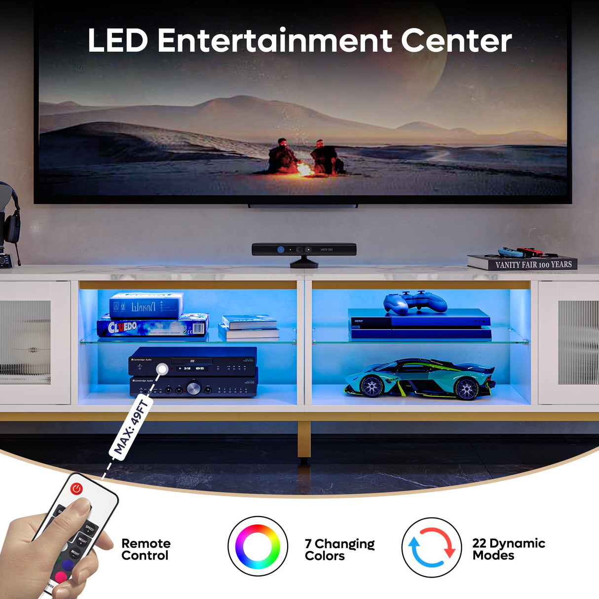 Bestier 80 inch TV Stand for TVs Up to 85", 4 in 1 Entertainment Center with LED Lights, Modern Media Console Table with Storage Cabinet & Adjustable Shelves, for Living Room Bedroom, White Marble Bestier