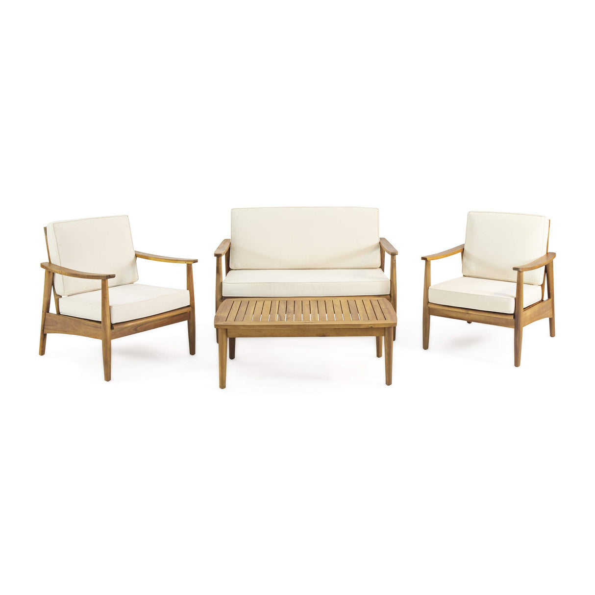 Christopher Knight Home Felix Outdoor Acacia Wood 4 Seater Chat Set with Coffee Table, Teak Finish, Beige Christopher Knight Home