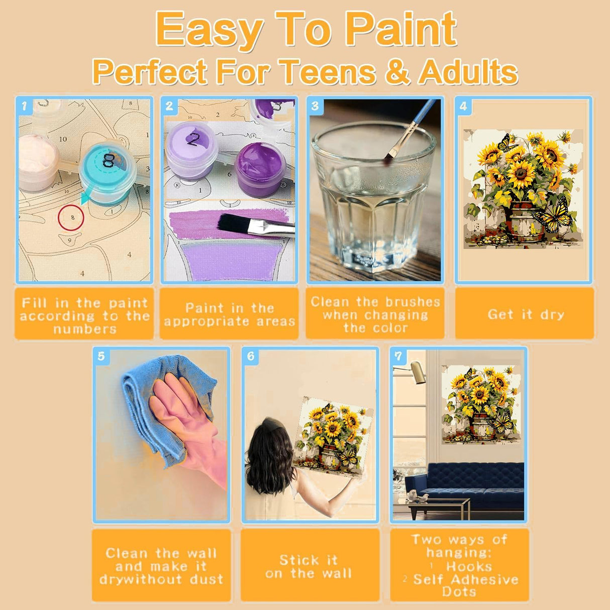 igoodom Paint by Numbers Kit for Adults with Frame and Easel, 25x25cm DIY Acrylic Painting on Canvas with Box, Sunflower Paint by Number Set for Home Wall Decor igoodom