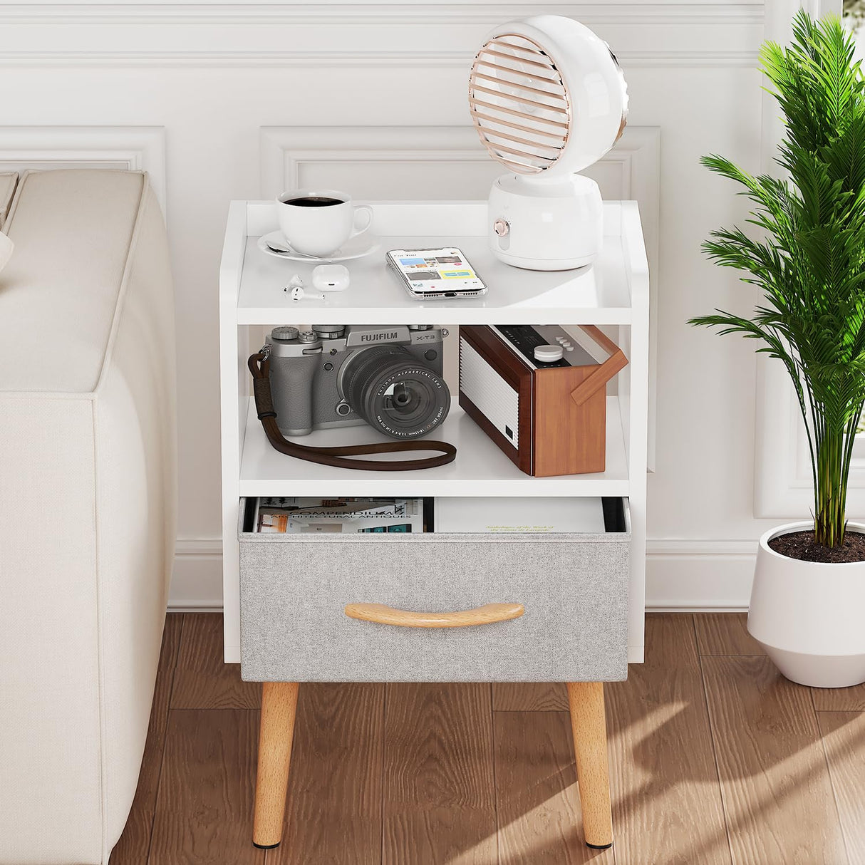 LUCKNOCK Night Stand with Drawer, Modern Nightstand, Bedside Tables, Mid Century Nightstands with Open Storage Shelf, Wood Bedside Table, Small Night Stands for Bedroom, 2-Tier Night Table, White. LUCKNOCK