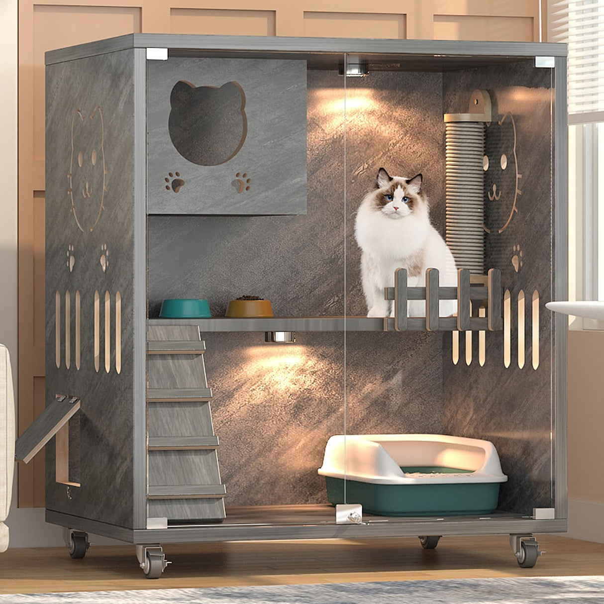 Large Indoor Cat Enclosure, Wooden Large Cat Villa, Indoor/Outdoor Cat Enclosure with Wheels, Multi-Feature Enclosed Cat Houses for Indoor Cats Ventilation Glass Doors, 38" X 32" X 24" HUATOL