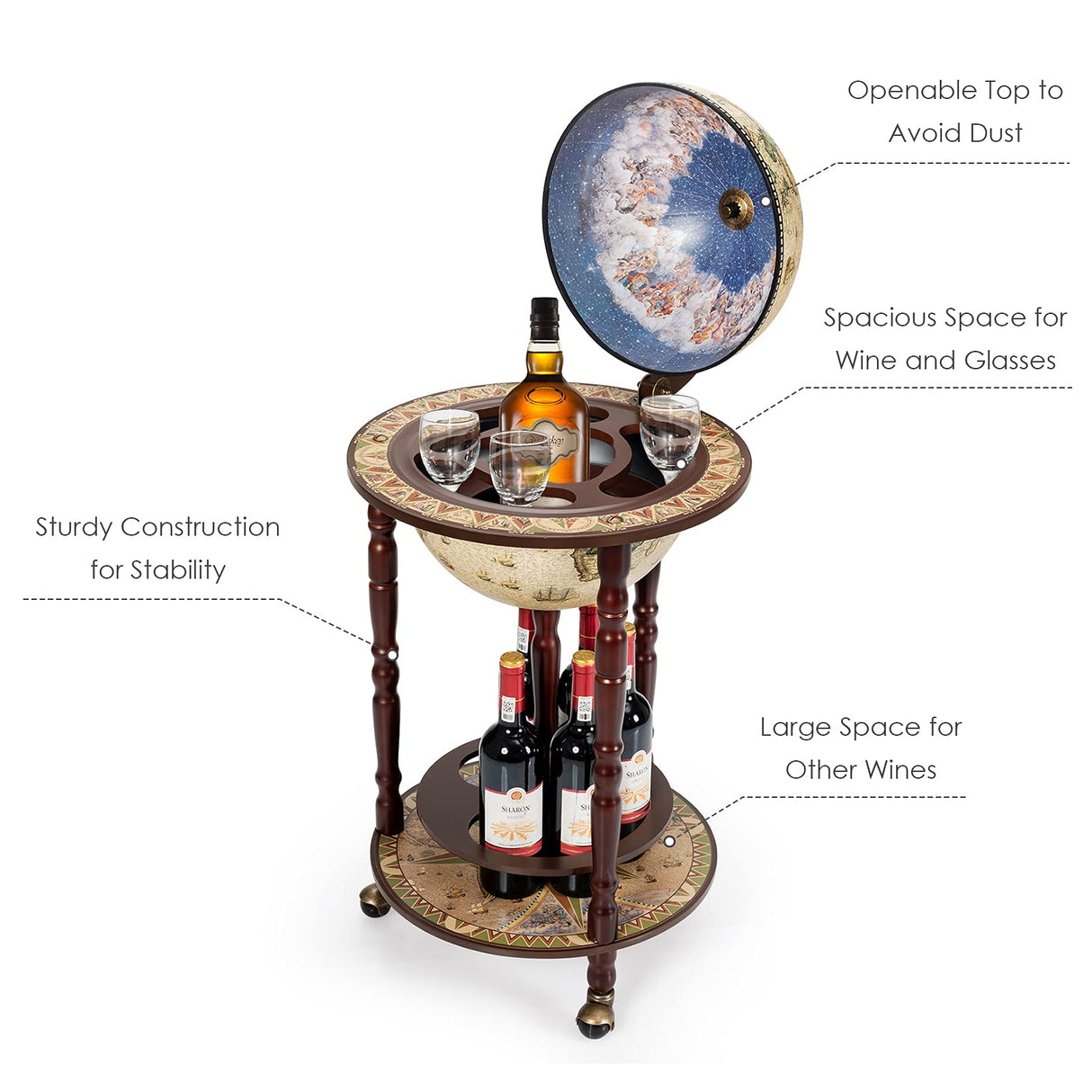 Moccha 17’’ Globe Wood Wine Bar Stand, 16th Century Italian Replica Liquor Bottle Shelf w/Wheels, Wood Wine Cart Cabinet, Globe Wine Organizer for Spirits, Beverages Stemware (Creamy White) LDAILY