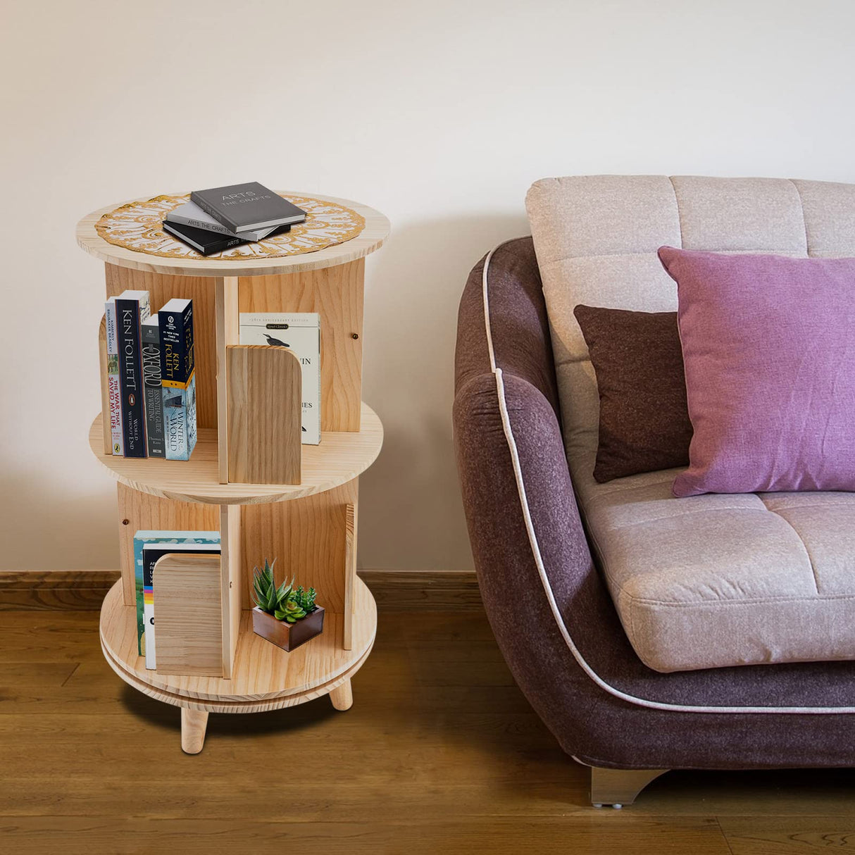 Bazargame 360° Rotating 2-Tier Wood Bookshelf Organizer for Home and Office Bazargame