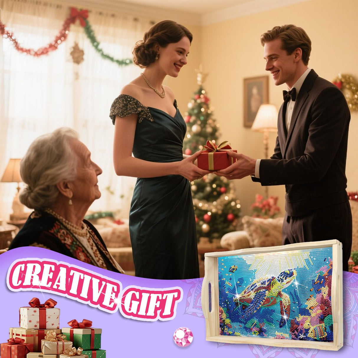 EWJRNSF Diamond Art Kits for Adults Wooden Serving Trays with Handles, 5D Diamond Painting Big Gem Arts and Craft Gifts Trays Decor Gift Home Decor 7.8x11.8 Inches Turtle A EWJRNSF