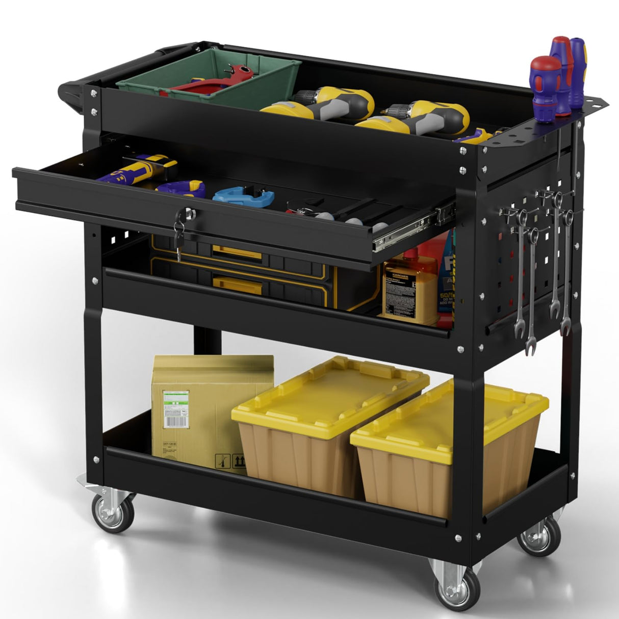 3 Tier Tool Cart on Wheels, Industrial Heavy Duty Rolling Tool Cart with Drawers, 500 LBS Capacity Utility Cart with Hooks and Locking System for Home, Garage, Warehouse, Workshop (Black) Xalvora