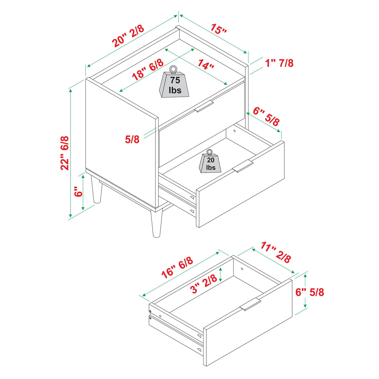 Walker Edison Mid-Century Modern Solid Pine 2-Drawer Nightstand, 20 Inch, Black Walker Edison