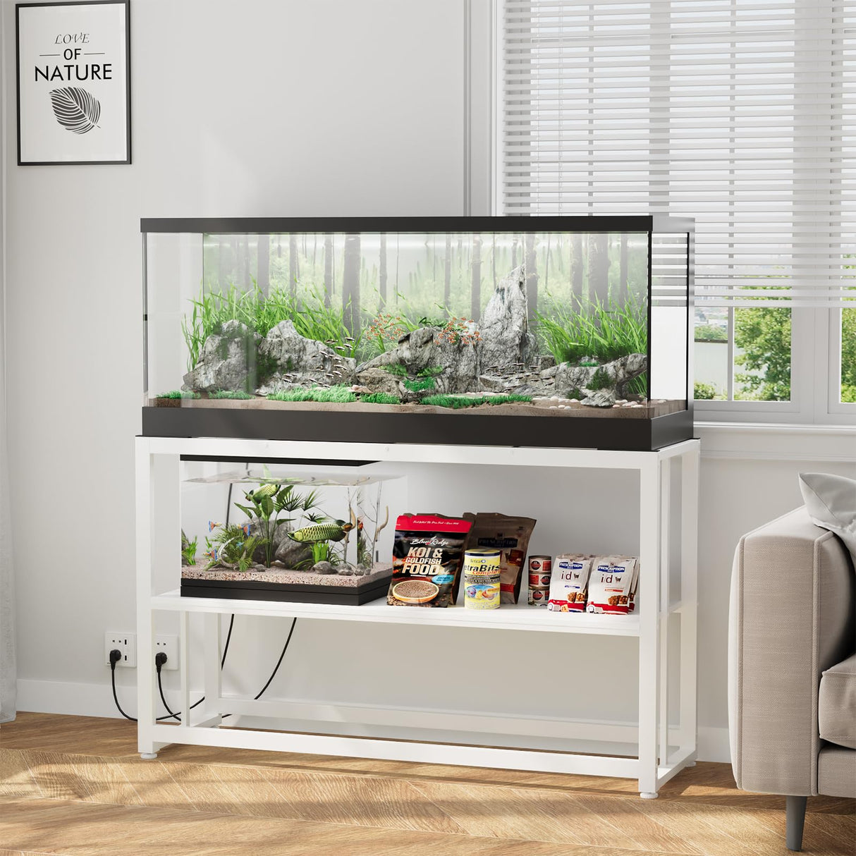 VOWNER 55-75 Gallon Fish Tank Stand - Metal Aquarium Stand, 48.4" x 14.9" x 29.5" Heavy Duty Reptile Tank Stand, Adjustable 2-Tier Fish Tank Rack Shelf for Home Office, Tank not Included, White VOWNER