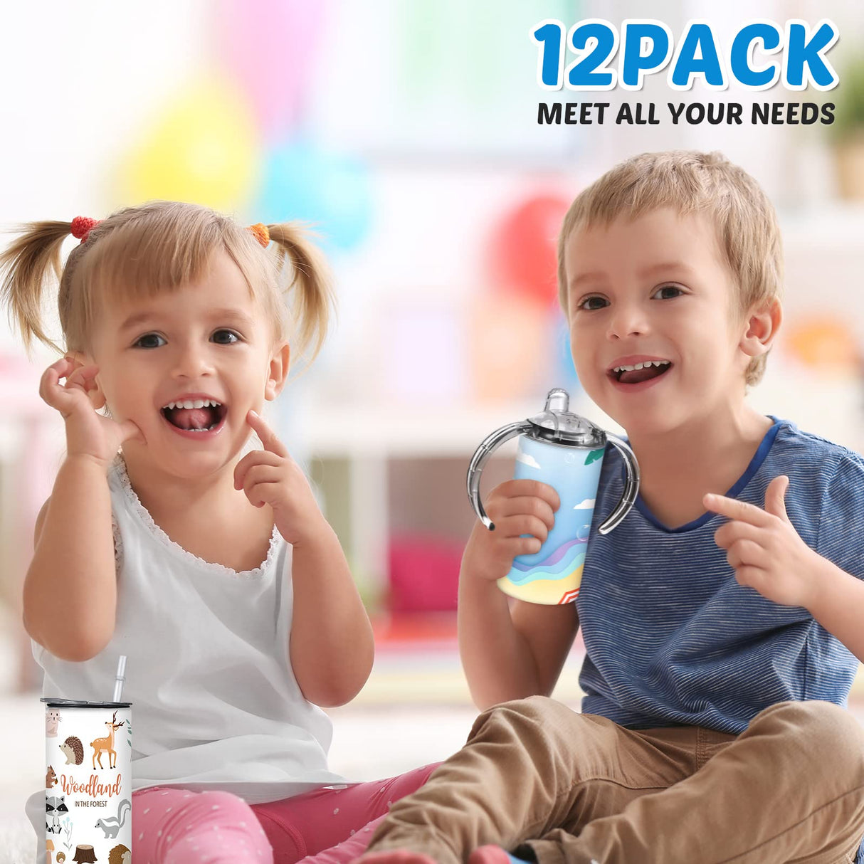 12 Sets 12 oz Sublimation Blanks Sippy Cups for Toddlers Insulated Stainless Steel Kids Sublimation Tumbler Cups with Lids and Straws, 2 Heat Tape, 12 Polymer Sublimation Coating, Coaster, Brush Zubebe