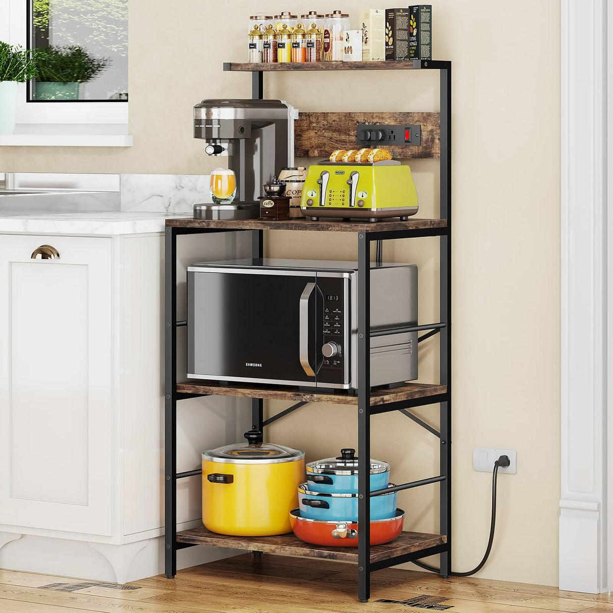 Anycoo Bakers Rack with 3 Power Outlets, 4-Tier Microwave Stand with Storage, Freestanding Kitchen Shelf Stand 23.6”L x 15.7”W x 51.2”L, Rustic Brown Coffee Bar Table Anycoo