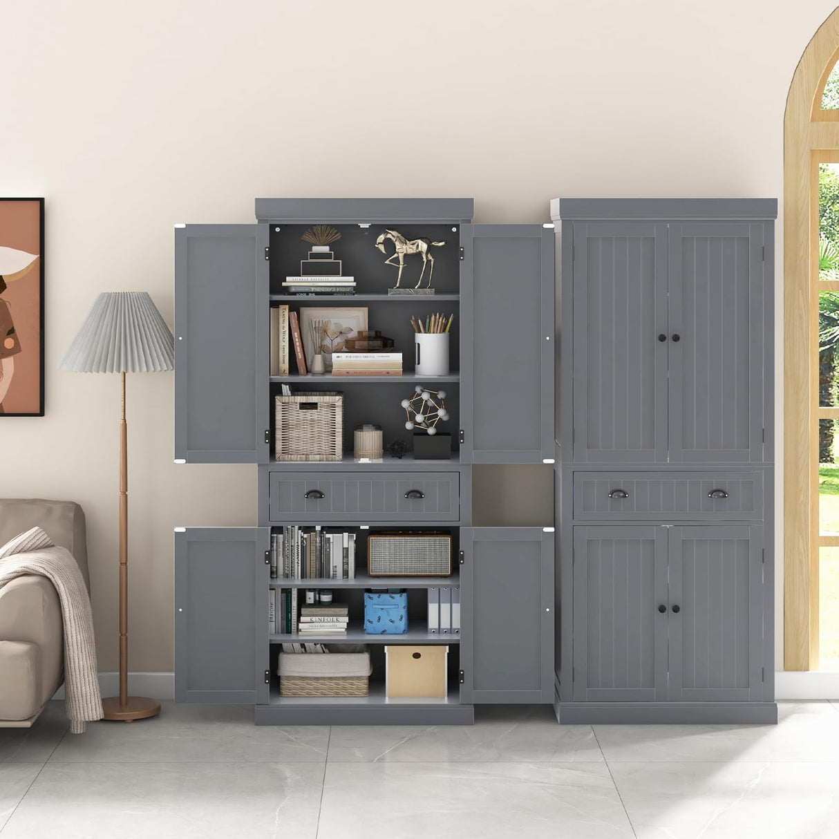 Giantex Pantry Organizers and Storage, 72" Tall Kitchen Cabinet with 2-Door Cabinets & Drawer, Buffet Sideboard w/Adjustable Shelves, Wooden Freestanding Cupboard for Dining Room Living Room (Grey) Giantex