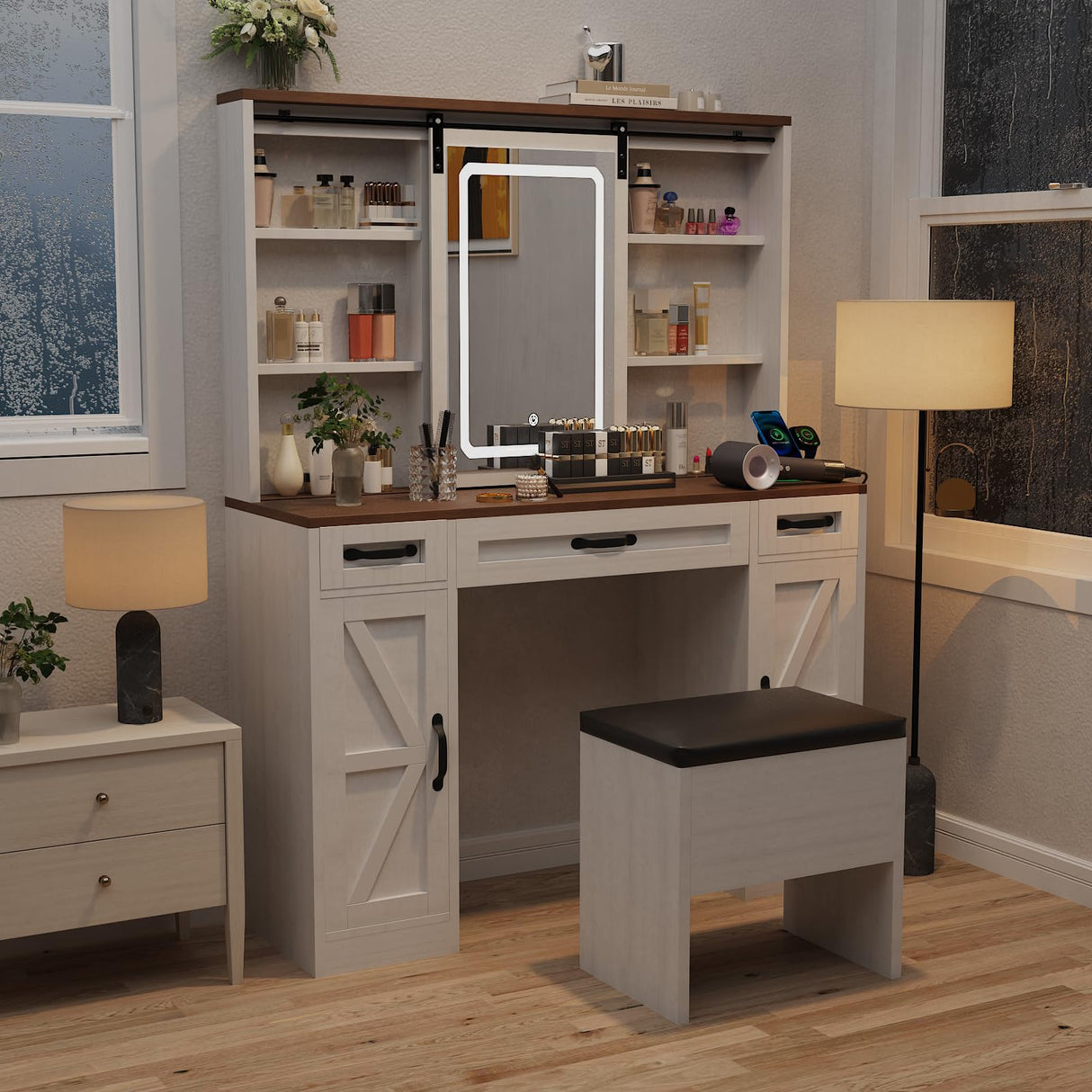 43" Farmhouse Makeup Vanity Desk with Lights and Chair, Vanity Table with Sliding Mirror and Power Strips, 3 Drawers & 2 Cabinets, Open & Hidden Shelves, Stool Included, White Dressing Table amzzar