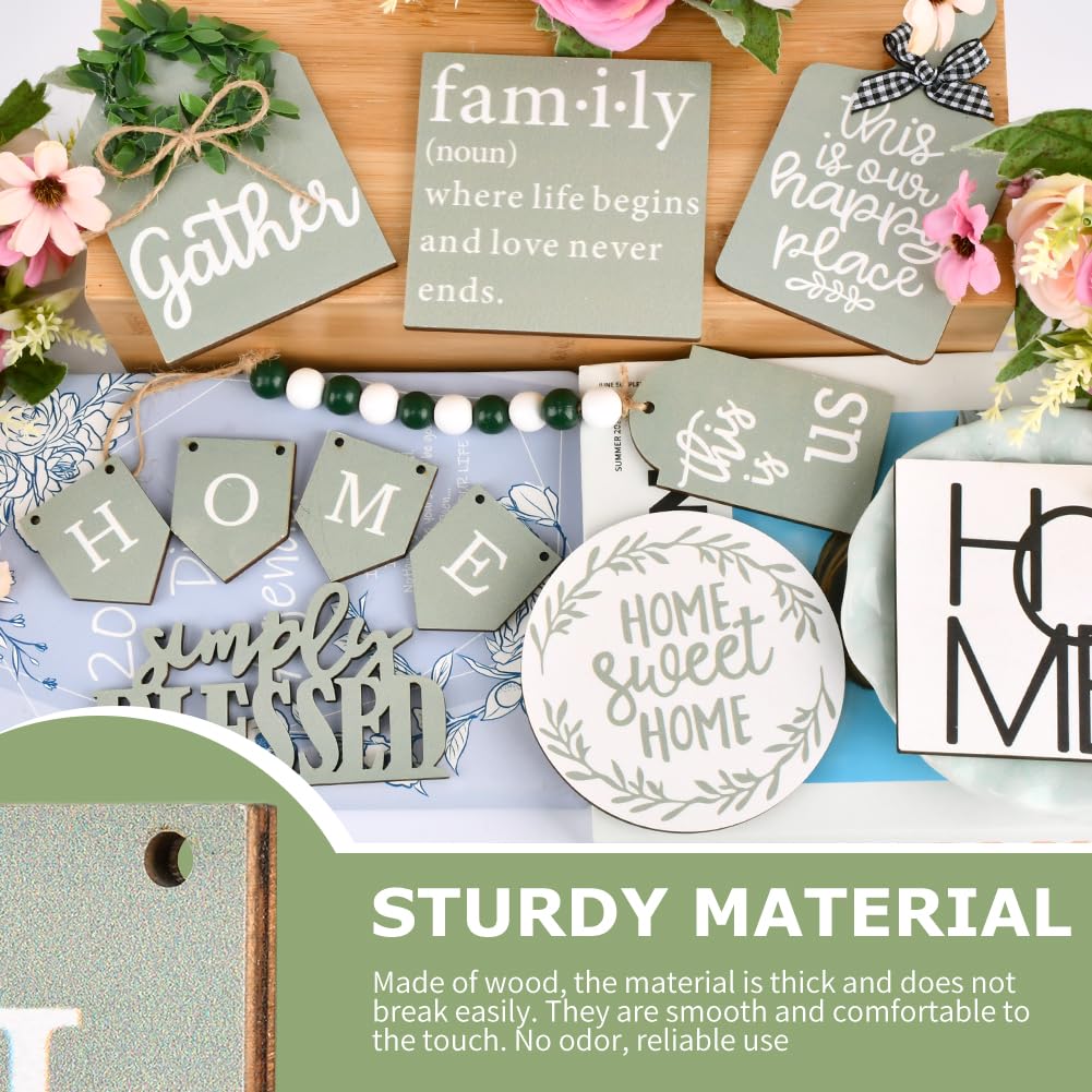 EMVANV 11 PCs Tiered Tray Decoration Set,Wood Sign Rustic Home Sweet Home Simply Blessed Home Tiered Tray Decorations for Dining Room Country Summer Shelf Centerpiece Present(Green+White) EMVANV