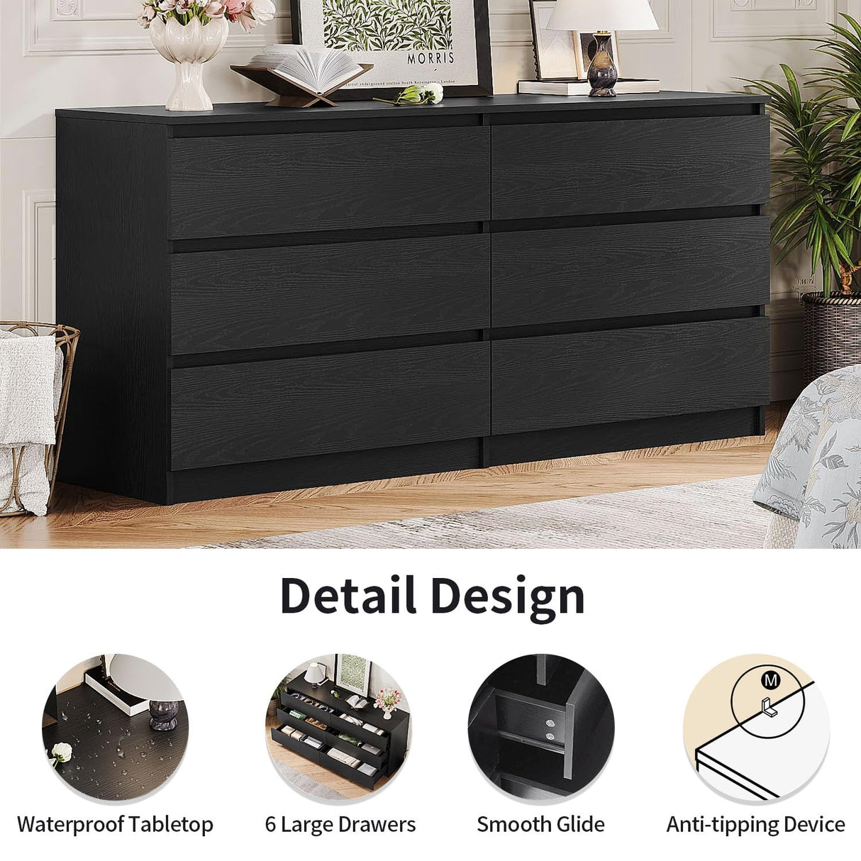Modern 6 Drawer Dresser for Bedroom, 59'' Black Dresser, Wood Dresser with Handless Design, Thickened Back Panel, Stable & Sturdy Base, Double Drawer Long Dresser, Wide Chest of Drawers for Bedroom Angel Sar