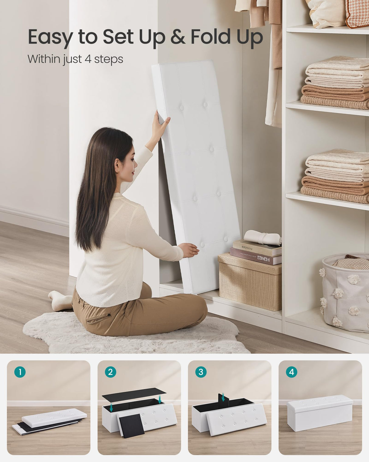 SONGMICS MAZIE Collection - 43 Inches Folding Storage Ottoman Bench, Ottoman with Storage, Foot Rest Stool, Load 660 lb, for Living Room, Synthetic Leather, White ULSF702 SONGMICS