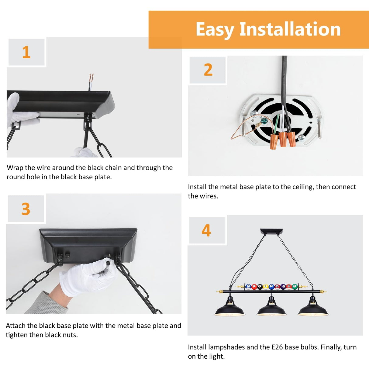 Mcacggo 3-Light Billiard Pool Table Lights Hanging Over Pool Table, Black Matte Metal Shades with Billiard Ball Decor, for Billiards Room, Snooker Table, Kitchen Island Mcacggo