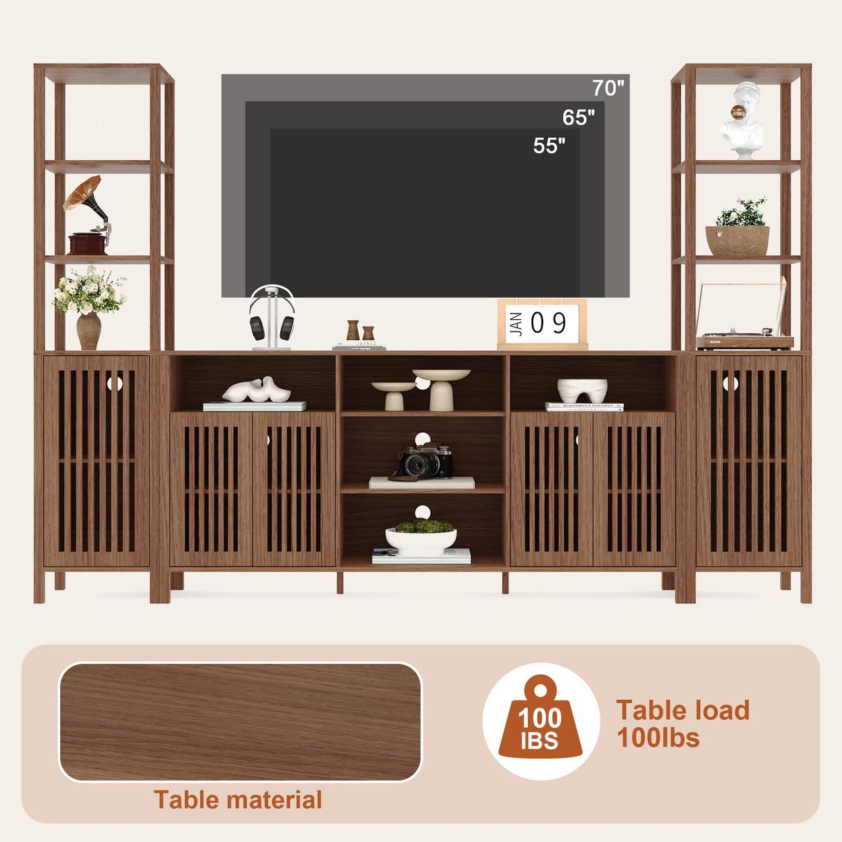Entertainment Center with Bookshelves, Farmhouse TV Stand for 70 Inch TVs, TV Stands for Living Room w/Adjustable Shelves & Storage Cabinet, Modern Console Cabinet for Bedroom Home Theater HomeEterna