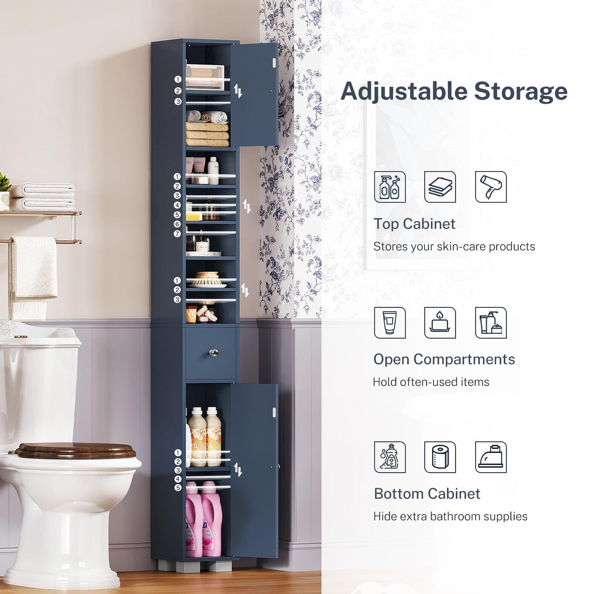 TEENFON Bathroom Cabinet, Narrow Bathroom Storage Cabinet with 5 Adjustable Shelves & Drawer, Freestanding Cupboard for Small Spaces, Blue TEENFON