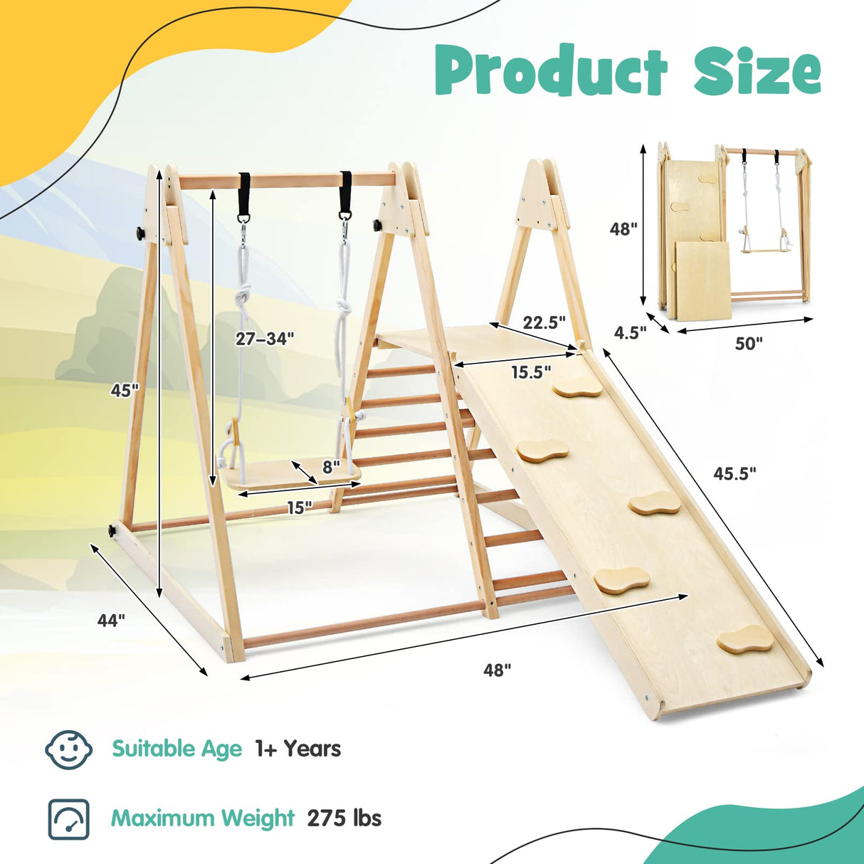 OLAKIDS Toddlers Triangle Climbing Set, 4 in 1 Foldable Kids Wood Montessori Climber Ladder with Ramp, Slide and Swing, Indoor Playground Jungle Play Gym Structure for Boys Girls Olakids