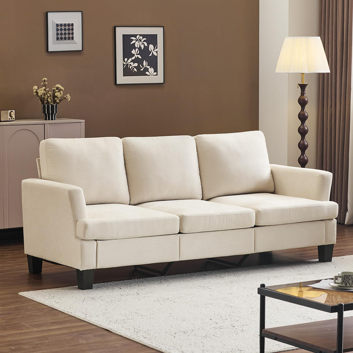 VINGLI White 83" Sofa Couches for Living Room, Faux Suede Modern Comfy 3 Seater Couch 25.6" Deep Seat Upholstery Cozy Sofas for Small Space, Bedroom, Apartment, Home Office VINGLI