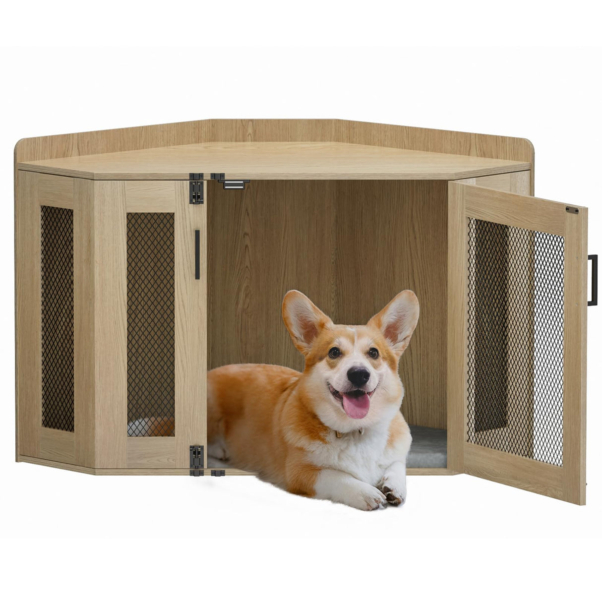 Corner Dog Crate Furniture - Dog Crate Cage for Small Medium Dogs, Wooden Indoor Aesthetic Puppy Kennel TV Stand, Modern Decorative Pet House Dog Cage, Light Oak Giluta
