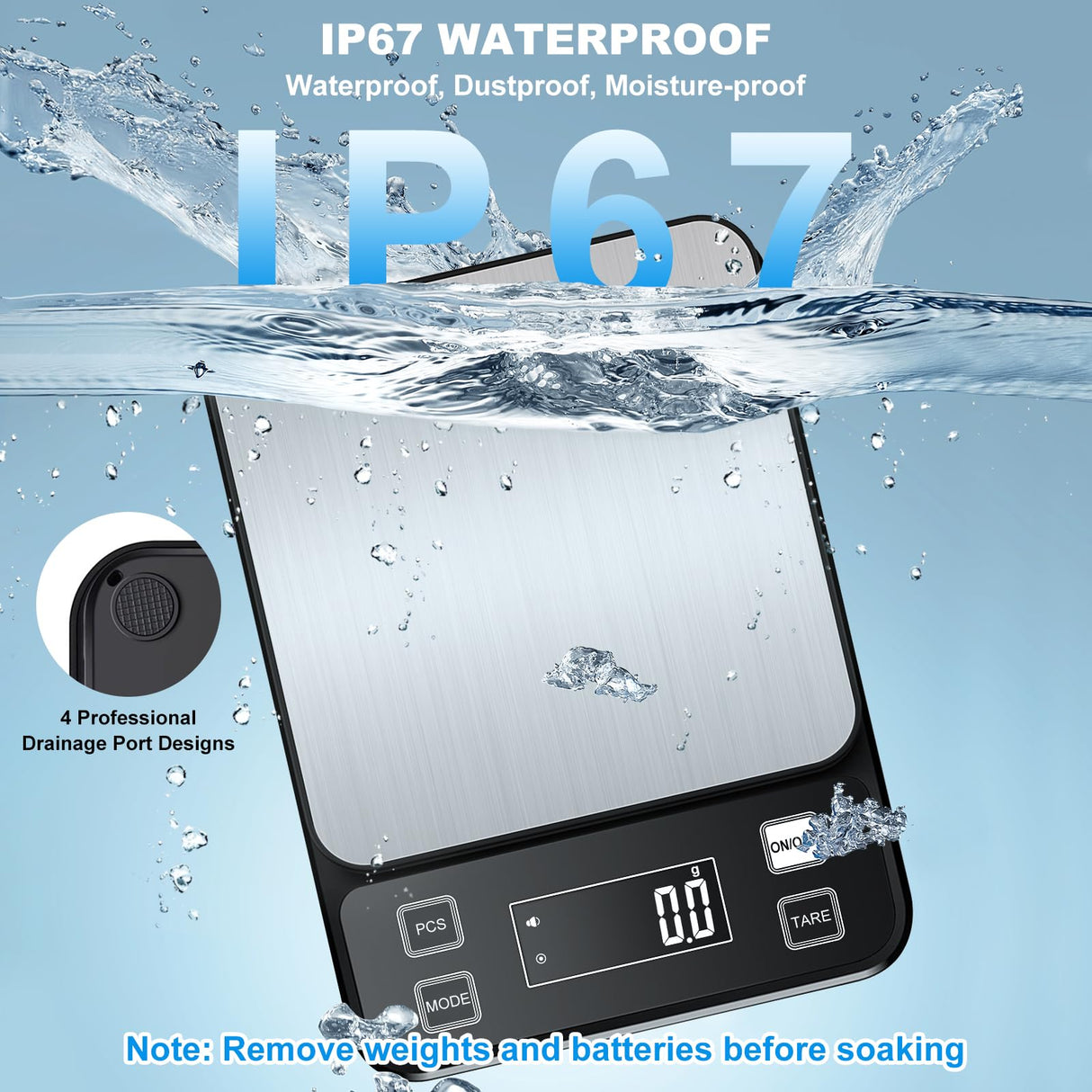 22lb Waterproof IPX67 Kitchen Scale with 0.1g/0.001oz High Precision, Diyife Large Stainless Steel Food Scale, 10 Unit, Washable, Hangable, USB Rechargeable, LCD Display, for Cooking, Baking Diyife