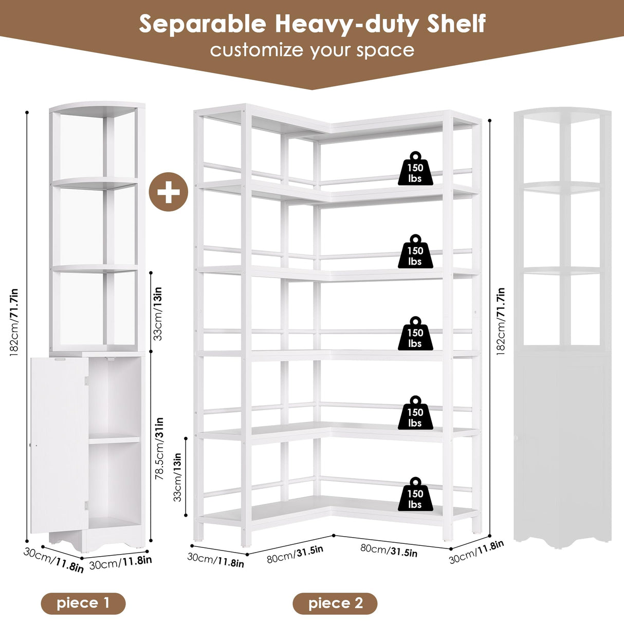 Keyluv 72" Tall Corner Bookshelf with Door, 6-Tier L Shaped Bookshelves and Bookcase with Storage Cabinet, 2 Pieces Individual Convertible Book Shelf, Display Shelf for Home Office Living Room, White Keyluv