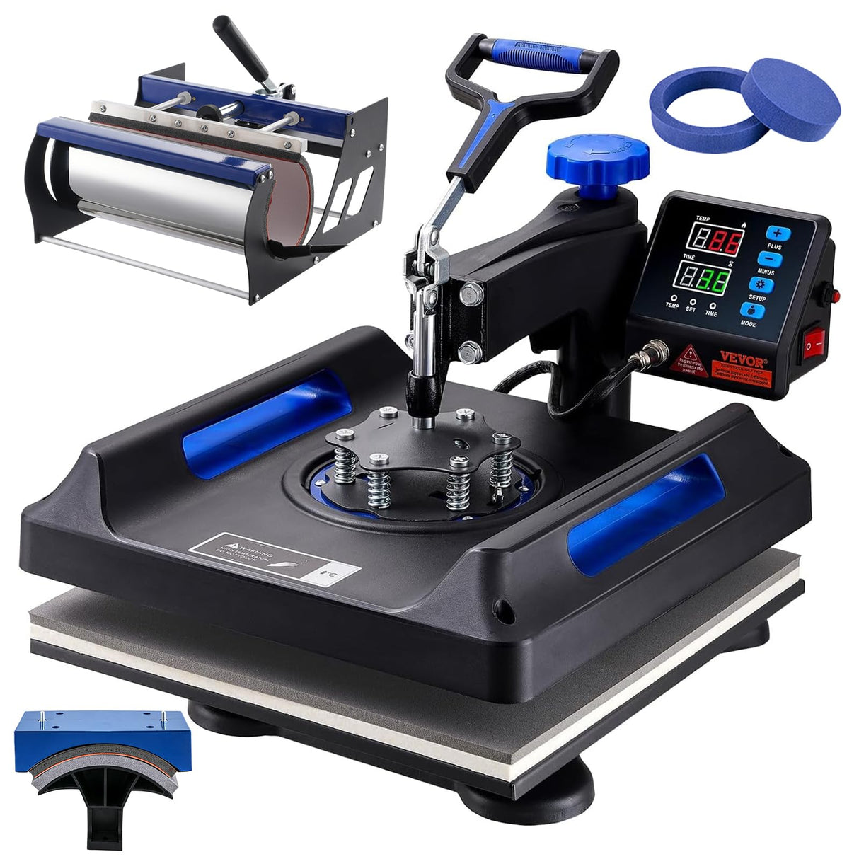 VEVOR 5 in 1 Heat Press Machine, Heat Transfer Machine with 30 oz Tumbler Press, 15 x 15 inch, 360° Swing Away T-Shirt Pressing, Fast Even Heating, for T-Shirts/Mugs/Plates/Hats, Black+Blue VEVOR