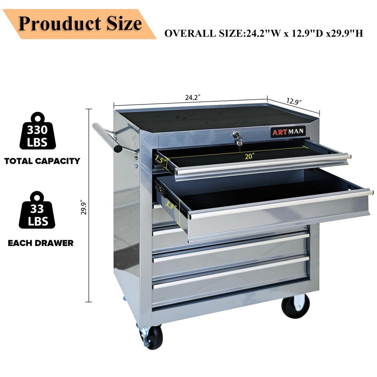 lunhung 7-Drawer Metal Rolling Tool Chest with Wheels,Tool Storage Cabinet with Locking System,Multifunctional Tool Cart with Wheels for Garage, Warehouse, Workshop, Repair Shop (Silver) lunhung