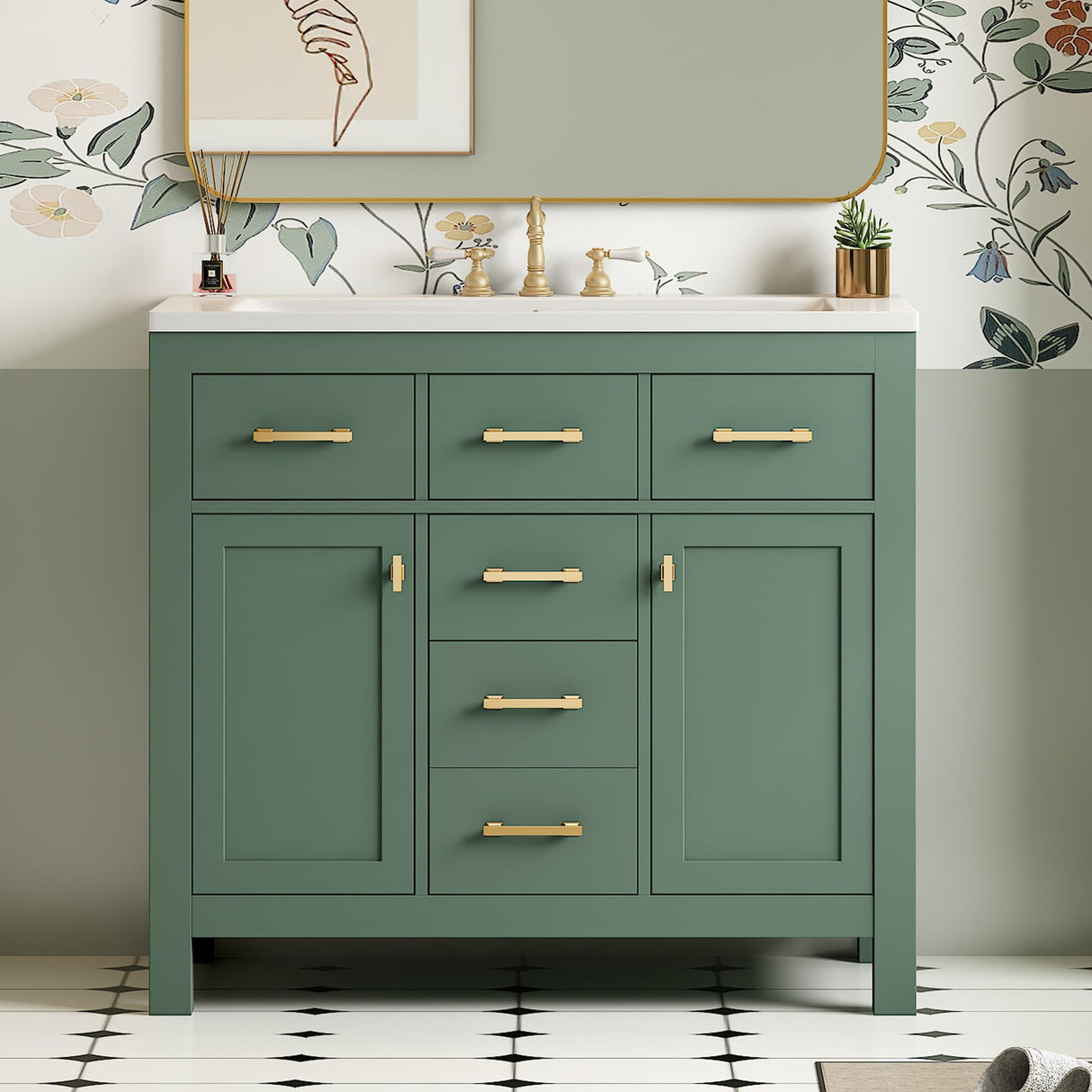LUMISOL 36" Bathroom Vanity with Sink, Modern Green Bathroom Vanity with 4 Drawers & 2 Soft-Closing Doors, Free Standing Wooden Bathroom Cabinet with Resin Basin, Green LUMISOL