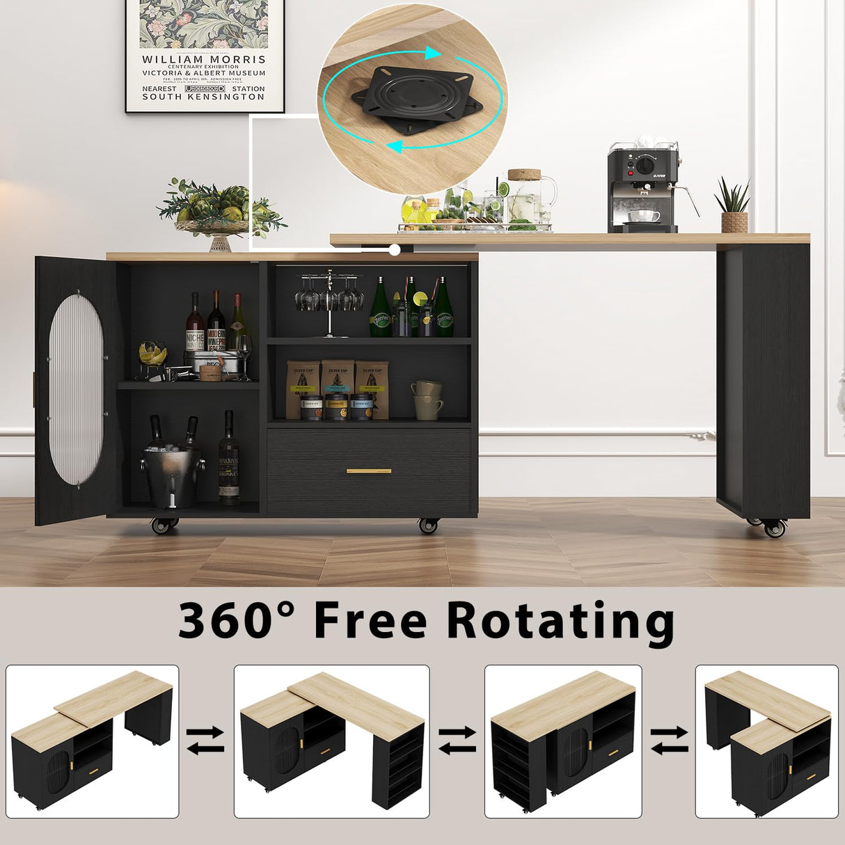 HSH 72" Rolling Kitchen Island with Seating, 360° Swivel Table, Kitchen Island with Storage Cabinet, Drawer & Shelves, Farmhouse Mobile Island Cart on Wheels for Dining Room & Home Bar, Black Oak HSH