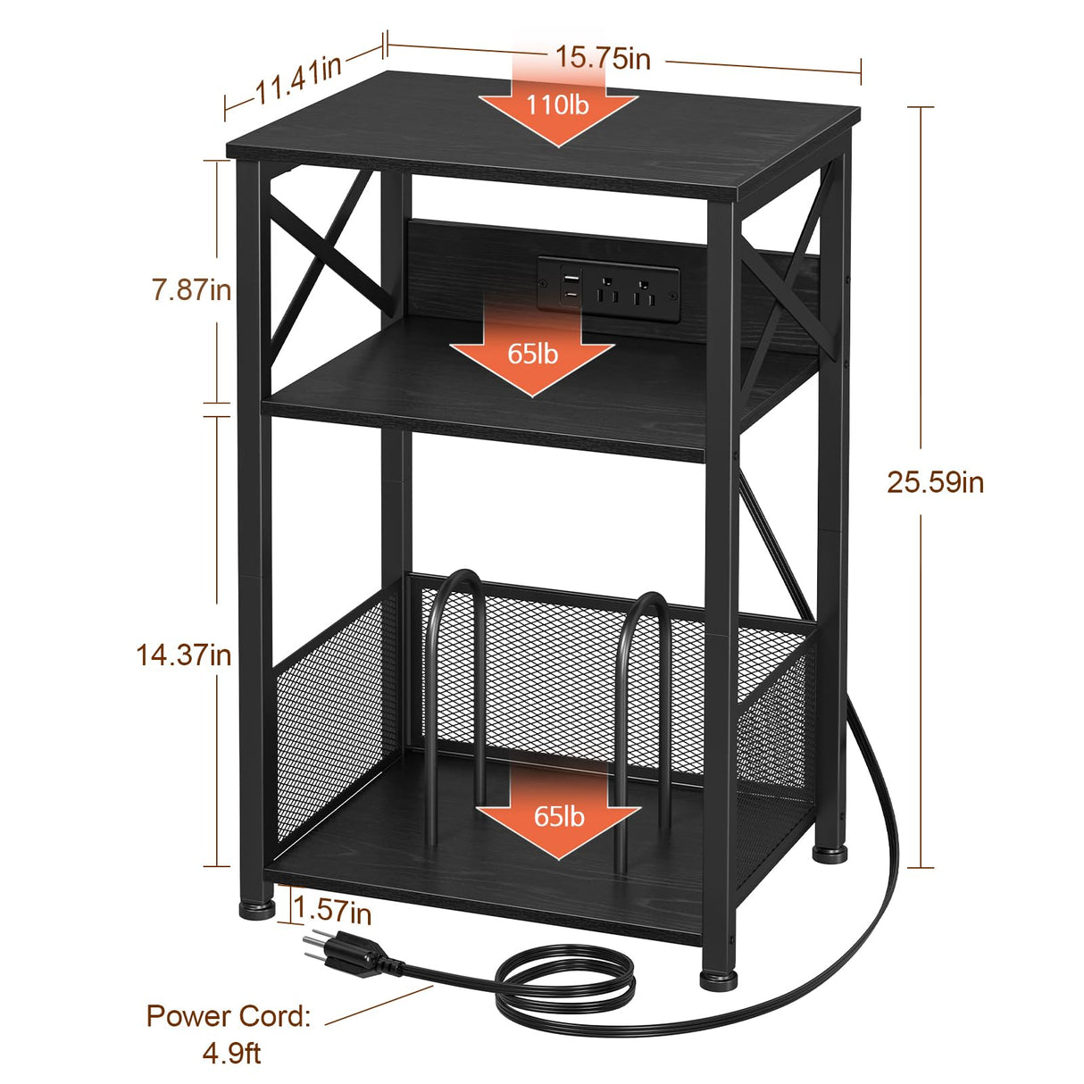 AMHANCIBLE Record Player Stand with Charging Station, Turntable Stand with Storage Cabinet, 3 Tier End Table Hold Up to 100 Albums, Record Stand for Vinyl, Living Room, Black, HETCD01BK-1 AMHANCIBLE