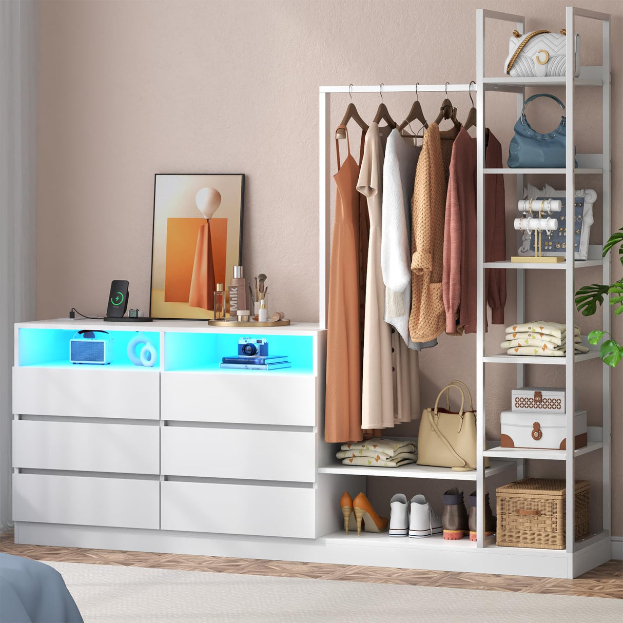 Loomie 6 Drawers Dresser with Hanging Rack & 6 Tiers Shelves, LED Dressers & Chests of Drawers with Power Outlet, 63" Wide Long 4 in 1 Storage Unit Dressers, Closet Dresser for Bedroom (White) Loomie