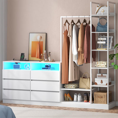 Loomie 6 Drawers Dresser with Hanging Rack & 6 Tiers Shelves, LED Dressers & Chests of Drawers with Power Outlet, 63" Wide Long 4 in 1 Storage Unit Dressers, Closet Dresser for Bedroom (White)