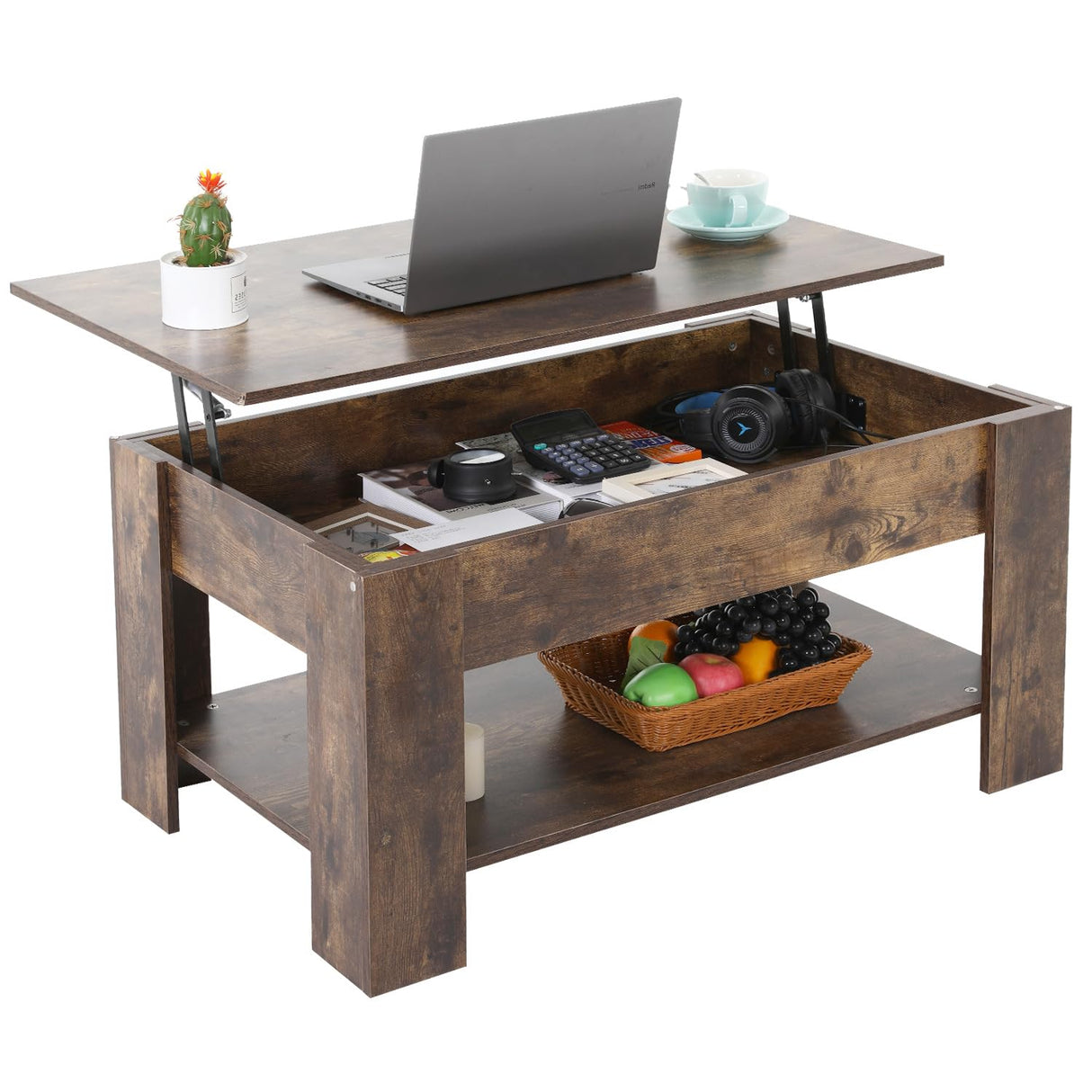 Ruesleag Coffee Table,Lift Top Coffee Table w/Hidden Compartment and Storage Shelf,Retro Wooden Lift Tabletop Dining Table Multifunctional Wooden Working Table for Home Office,39.4in L,Brown Ruesleag