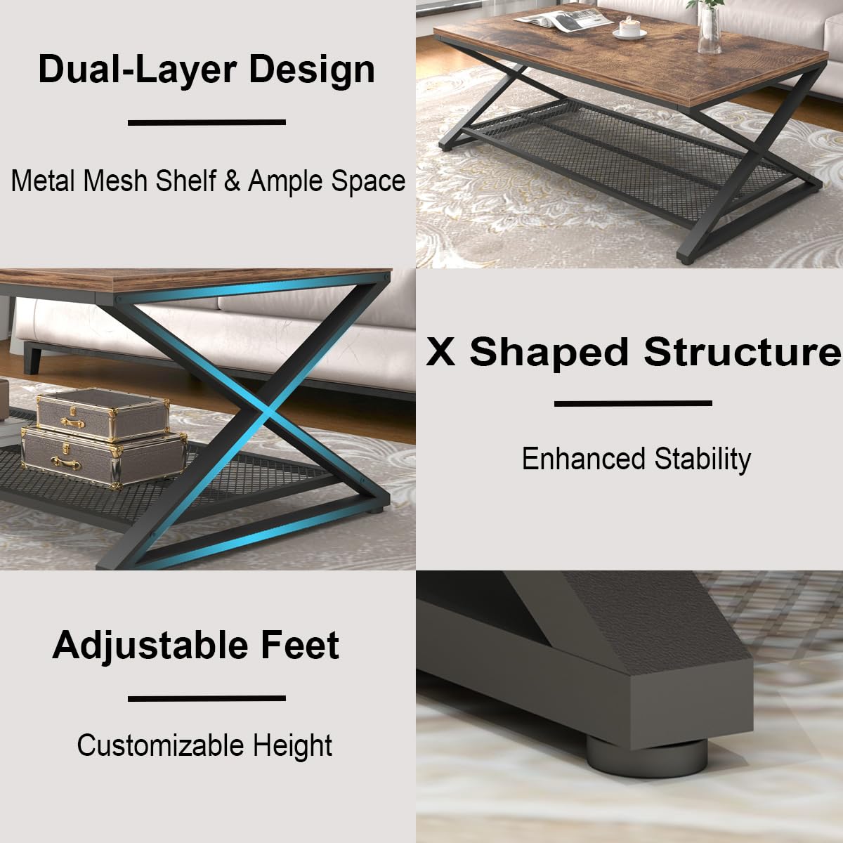 LVB Rustic Coffee Table with Storage, Industrial Wood Metal 2 Tier Center Living Room Table with Mesh Shelf, Farmhouse Wooden Low Rectangle Cocktail Tea Table for Office Bedroom, 47 inch, Rustic Brown LVB