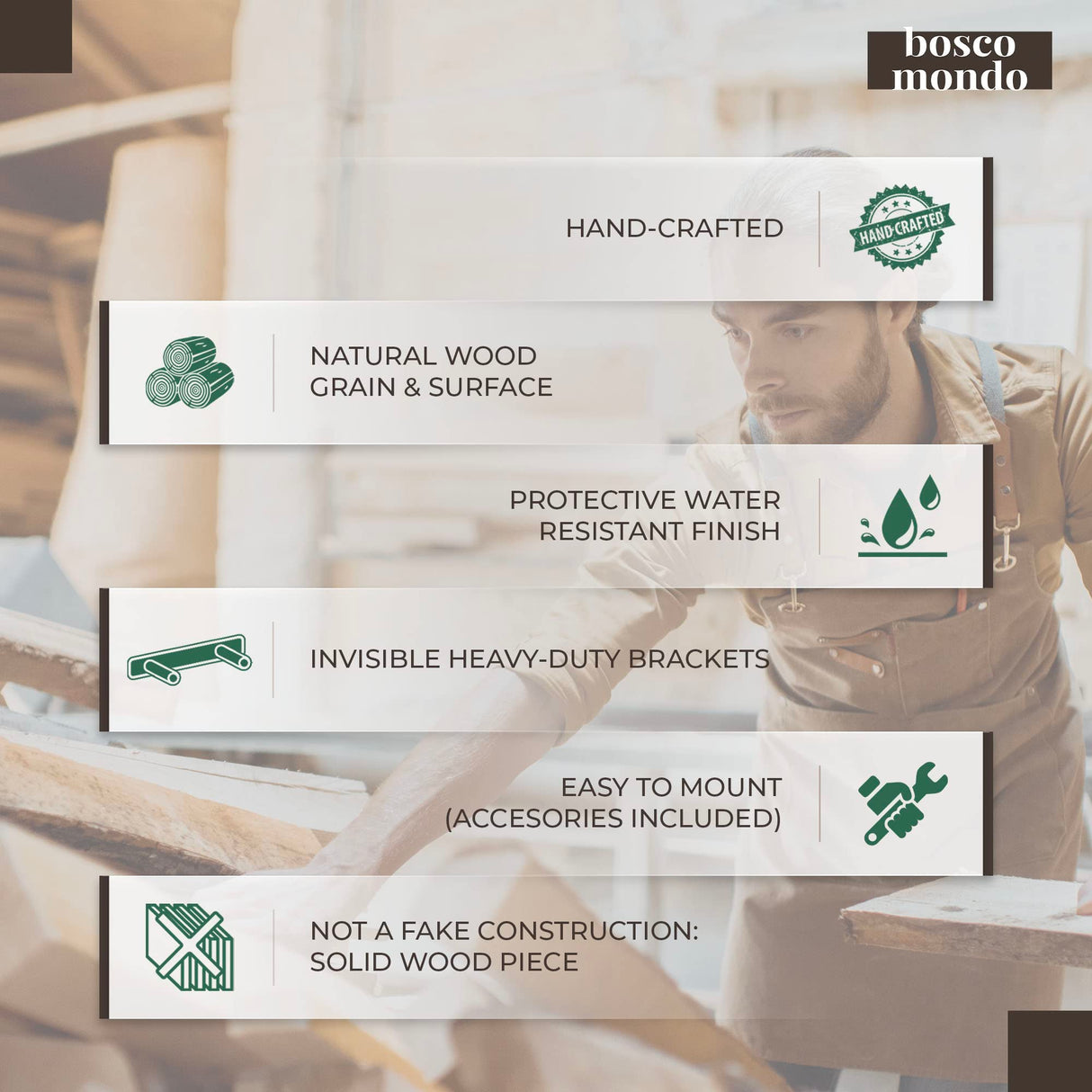 BoscoMondo 60 Inch Fireplace Mantel - Solid One Piece Rustic Wood - Wall Mounted Floating Farmhouse Shelf - with Invisible Heavy Duty Metal Bracket (60", Intense Brown) BoscoMondo