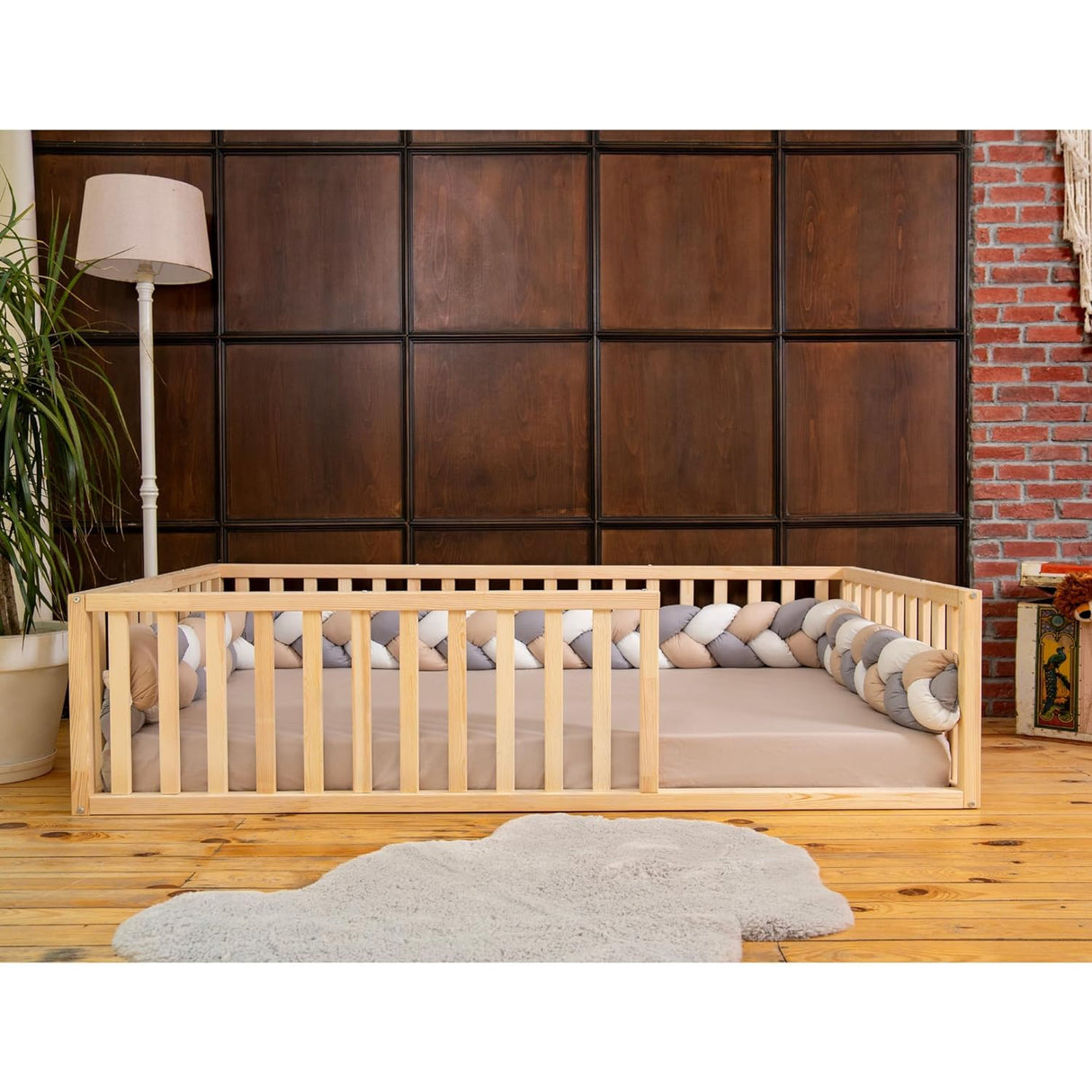 Montessori Floor Bed for Kids 52x27,5'' | Toodlers Floor Bed with Safety Guardrails | Pine Wood Baby Bed | Sturdy Wood Frame Bed for Girls and Boys (Crib, Height : 17 Inches) wood and montessori