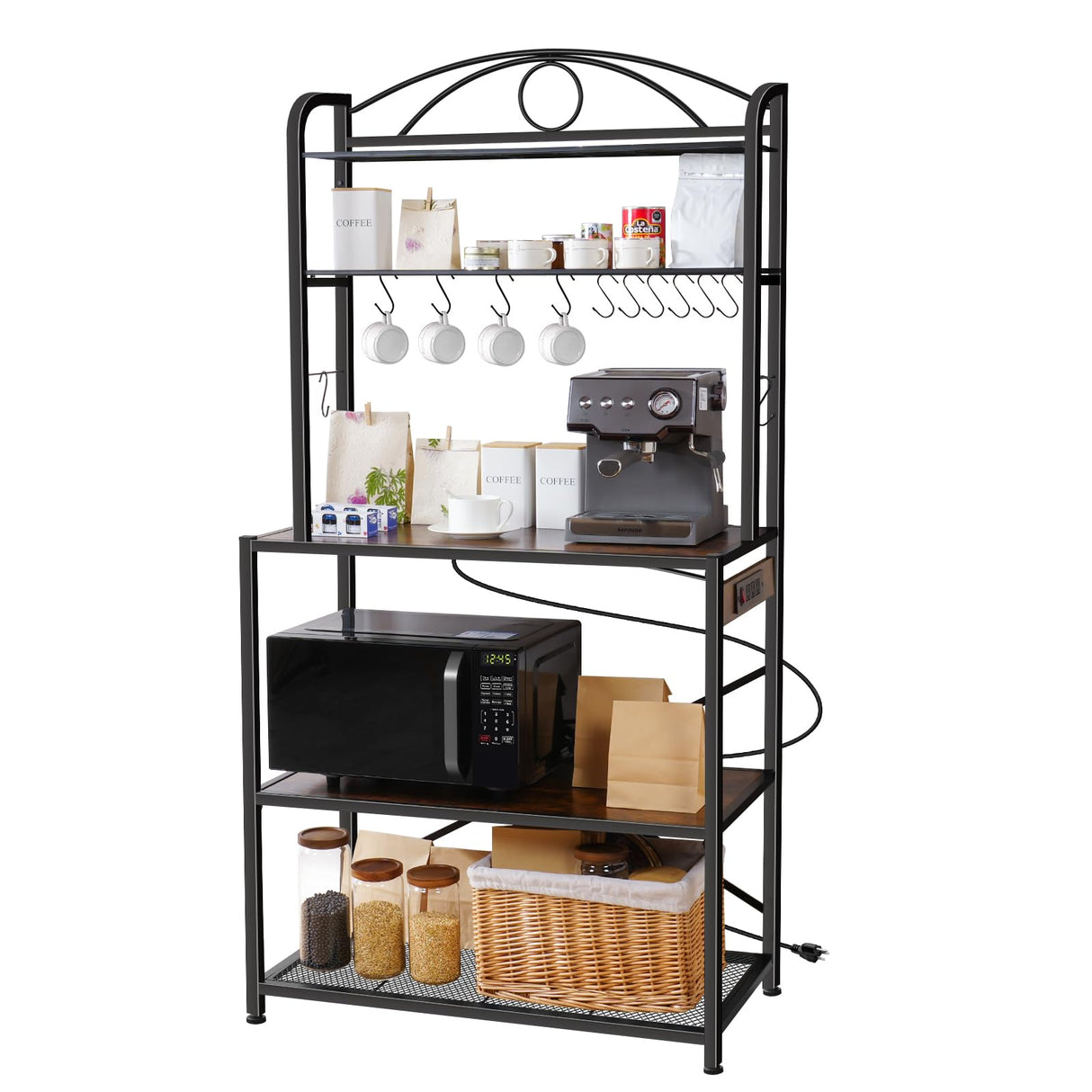 Home Limpidity Bakers Rack for Kitchen, 33-inch Wide Coffee Bar Station with Power Outlet, 5 Tier Microwave Stand Storage Shelf with S-Shaped Hooks, Metal Frame with Brown Wood Tabletop Home Limpidity