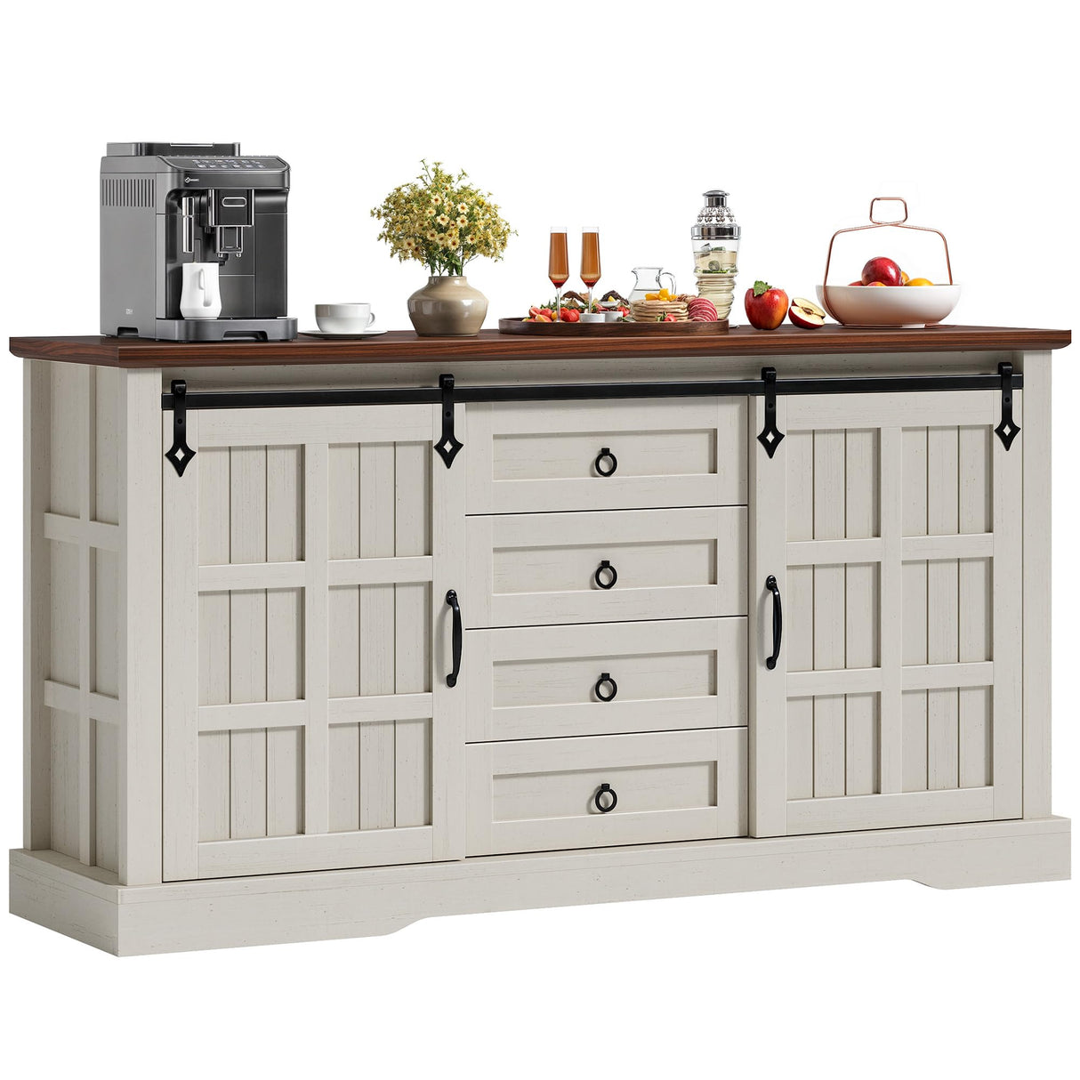 DWVO Farmhouse Sideboard Buffet Cabinet with Storage, Large Kitchen Cabinet w/Sliding Barn Doors and 4 Drawers, for Dining Room, White DWVO