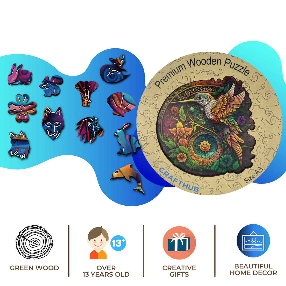 CRAFTHUB Wooden Puzzles for Adults – Nectar Quest Hummingbird Puzzle – Wooden Jigsaw Puzzles, Animal Shaped, Family Games, Adult Kids Birthday Gifts, 114 Piece, A4 Size, 7.7"x7.8" CRAFTHUB