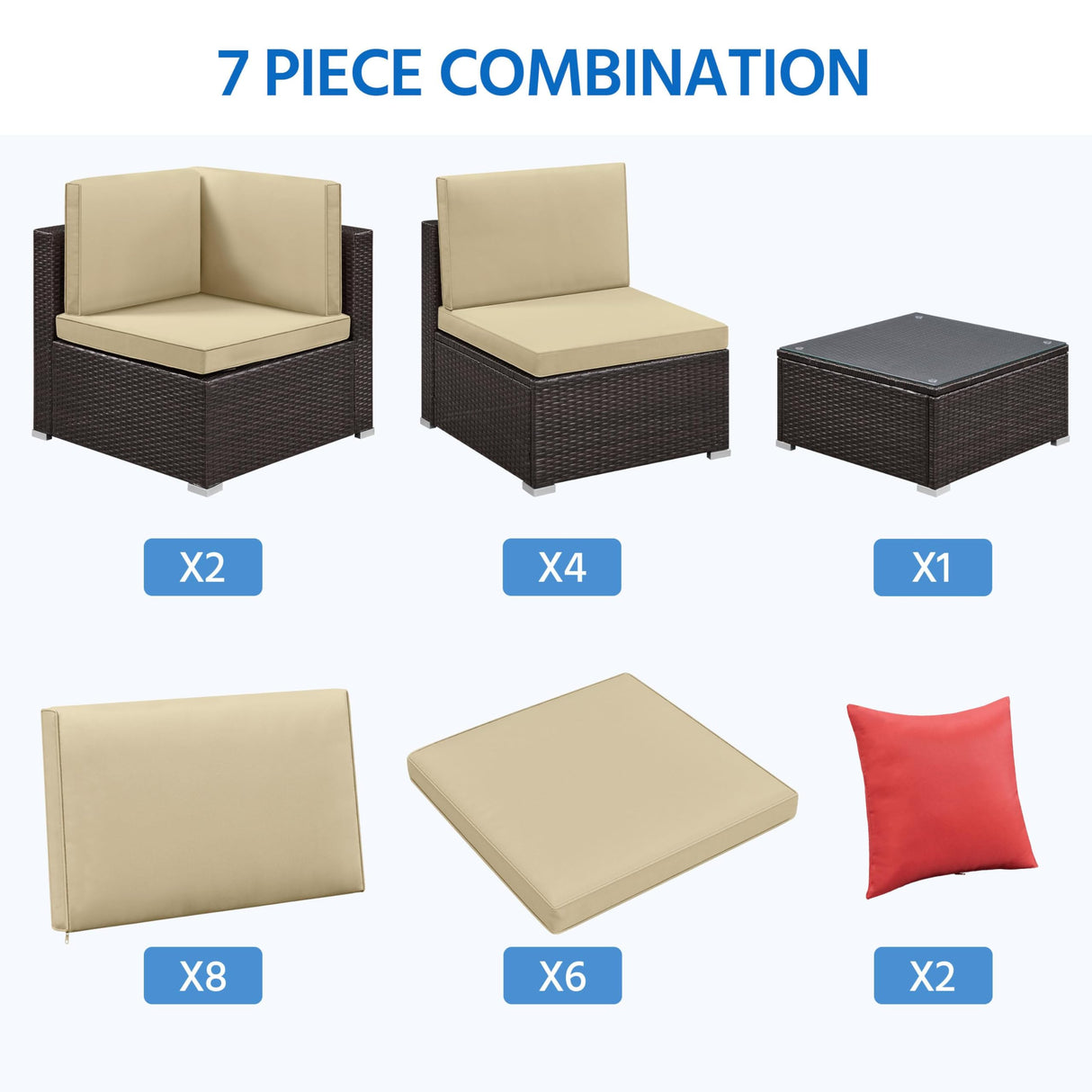 Yaheetech Patio Furniture Set, 7-Piece Outdoor/Indoor Rattan Wicker Sofa Set w/Glass-top Table & Cushions, All-weather Conversation Lounge Set for Porch/Yard/Poolside/Balcony - Brown/Khaki Yaheetech