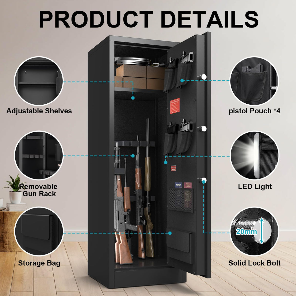 HEANVO 10-12 Gun Safe for Rifles and Pistols, Rifle Safes for Home, Digital Locking Gun Cabinet, Shotgun Safe with Dual Alarm System, Large Rifle Cabinet with Removable Shelf HEANVO