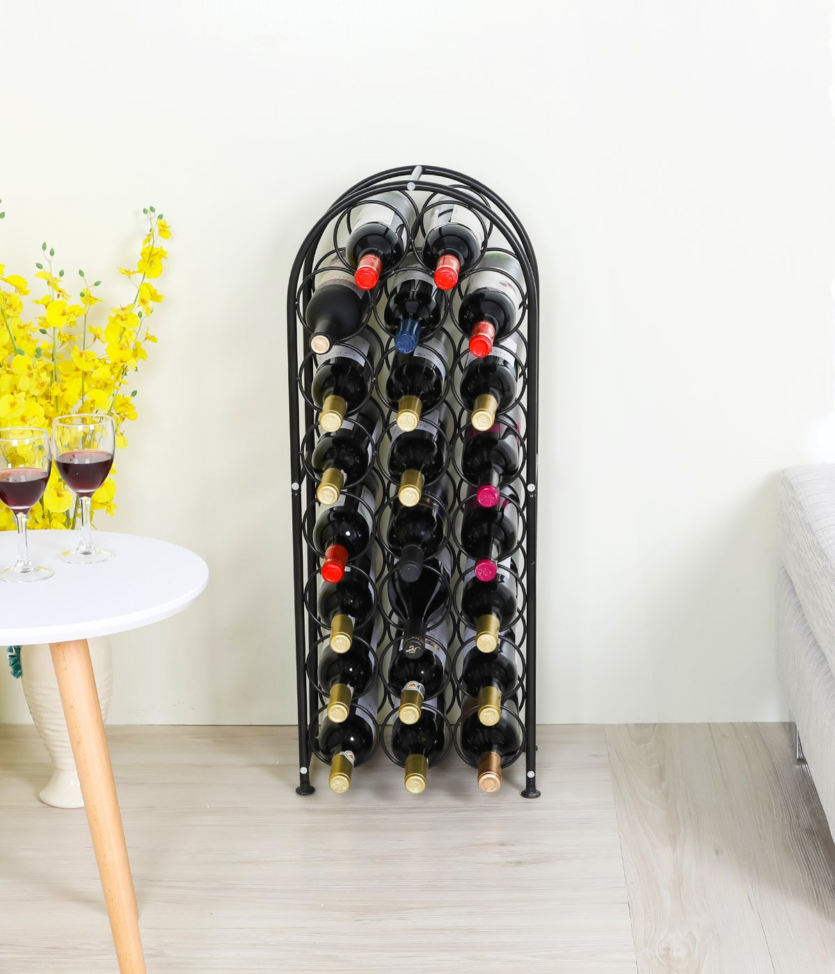 PAG 23 Bottles Arched Freestanding Floor Metal Wine Rack Wine Bottle Holders Stands, Black PAG