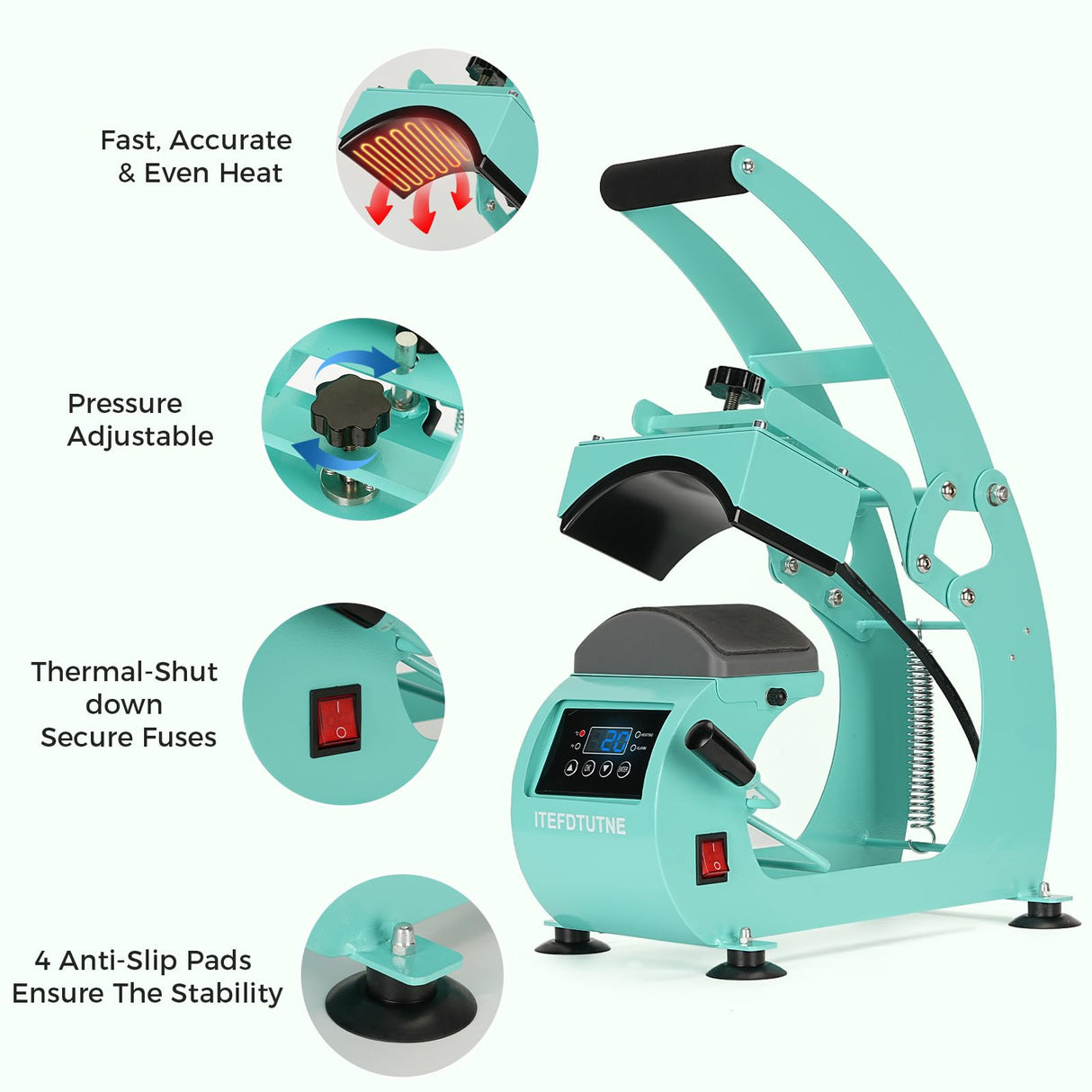 ITEFDTUTNE Hat Heat Press Machine for Caps Inclusive 2pcs Interchangeable Platens (6.7"x3.8", 6.7"x2.5"), Cap Heat Press for Hats Rigid Steel Frame No Stick Digital LCD Timer and Temperature Control ITEFDTUTNE